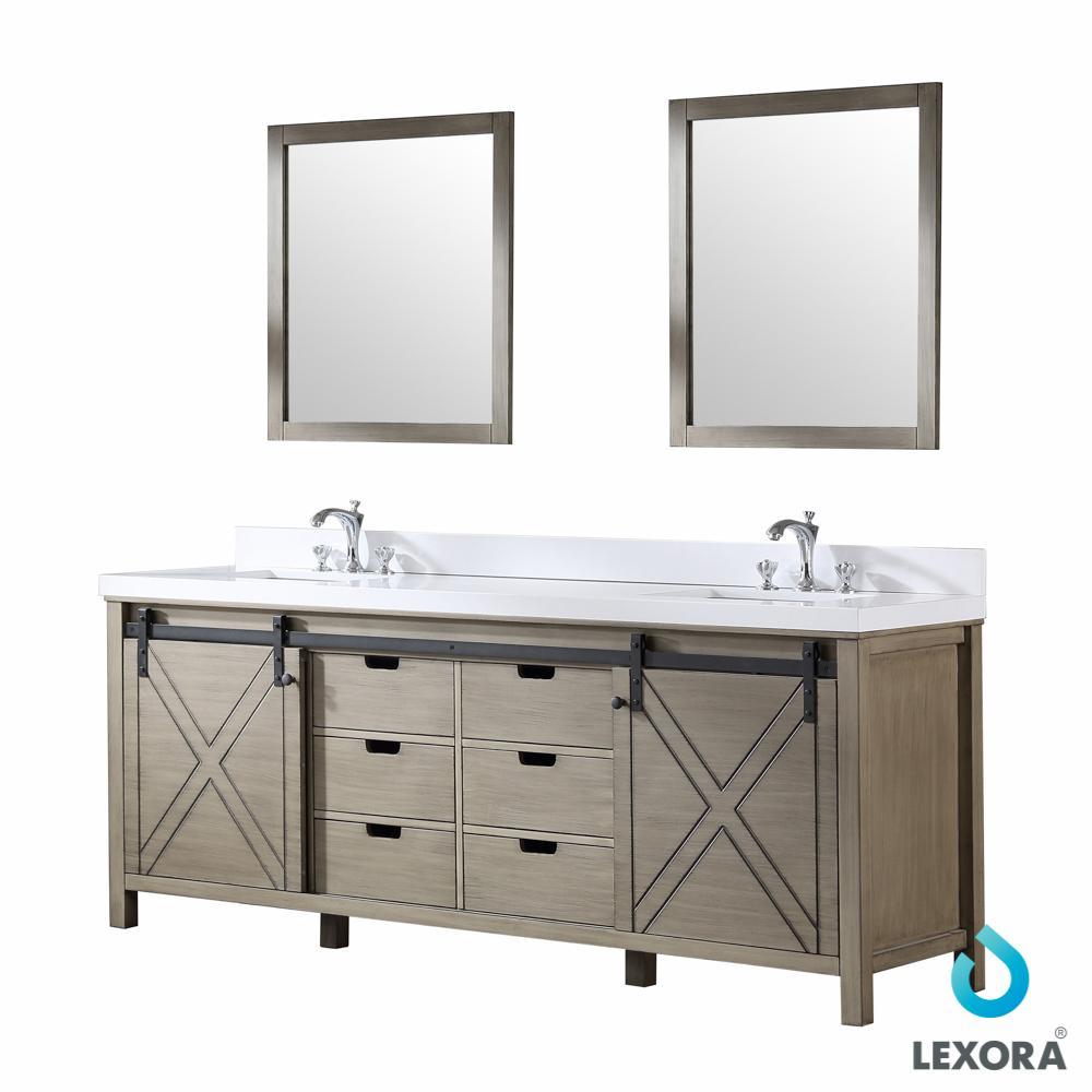 84" Ash Grey Double Vanity, White Quartz Top, Square Sinks, 34" Mirrors
