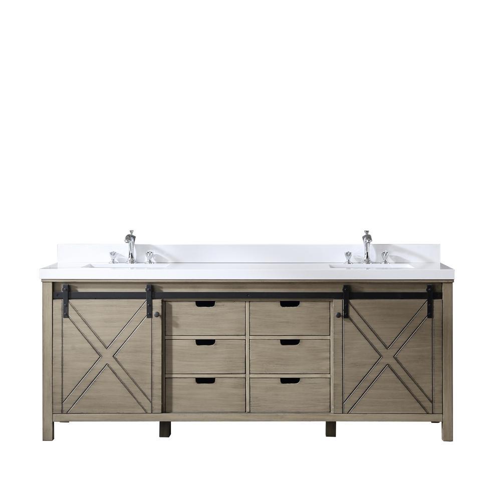 84" Ash Grey Double Vanity, White Quartz Top, Square Sinks, no Mirror