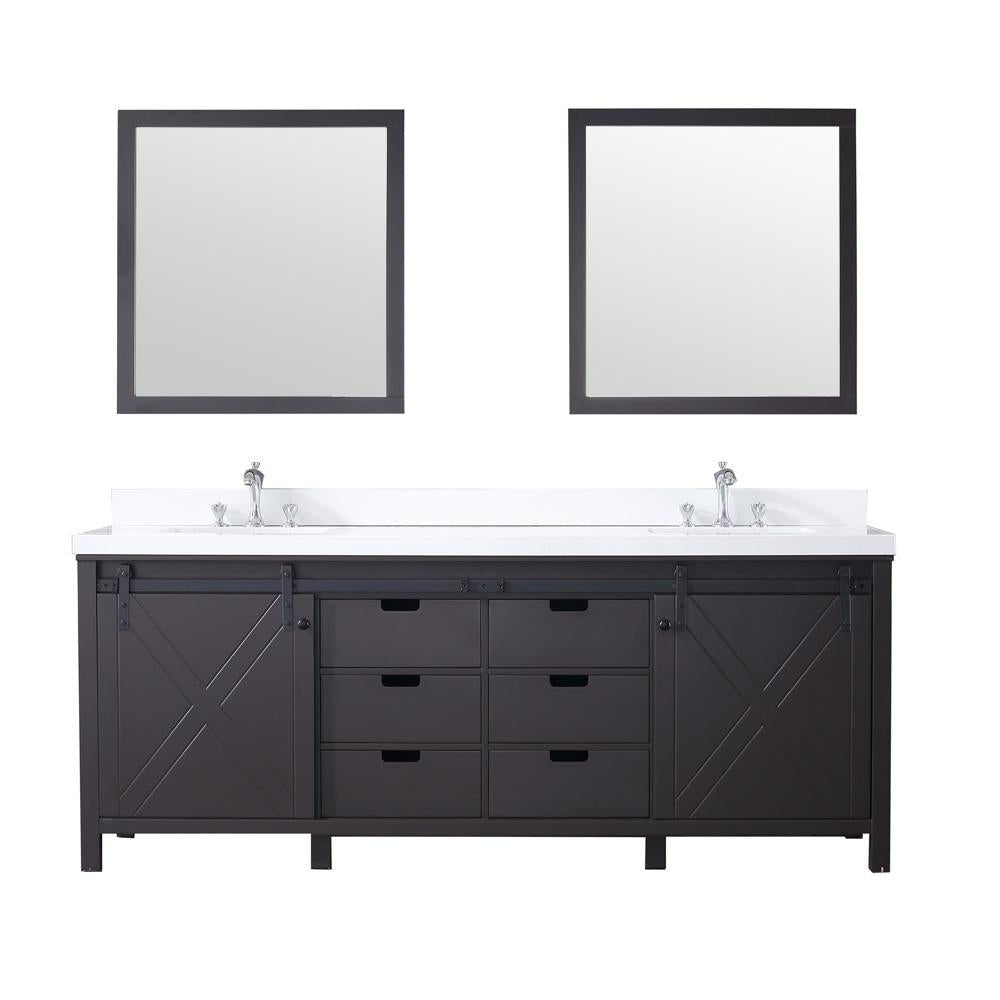 84" Brown Double Vanity, White Quartz Top, Square Sinks, 34" Mirrors