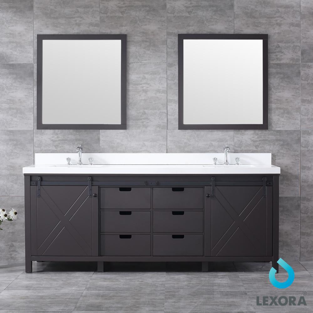 84" Brown Double Vanity, White Quartz Top, Square Sinks, 34" Mirrors
