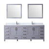 84&quot; Dark Grey Double Vanity, White Carrara Marble Top, Square Sinks, 34&quot; Mirrors