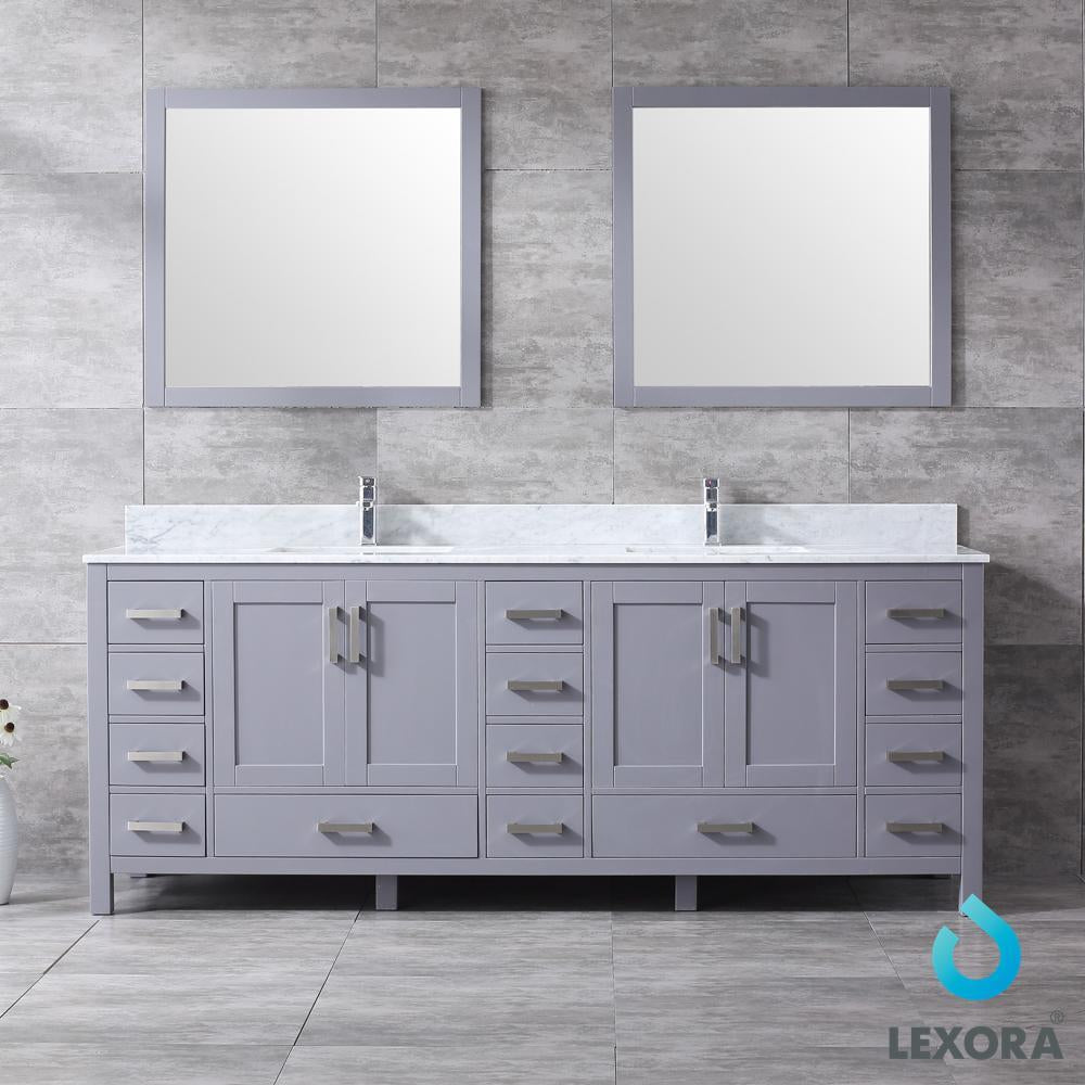 84" Dark Grey Double Vanity, White Carrara Marble Top, Square Sinks, 34" Mirrors