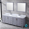 84&quot; Dark Grey Double Vanity, White Carrara Marble Top, Square Sinks, 34&quot; Mirrors