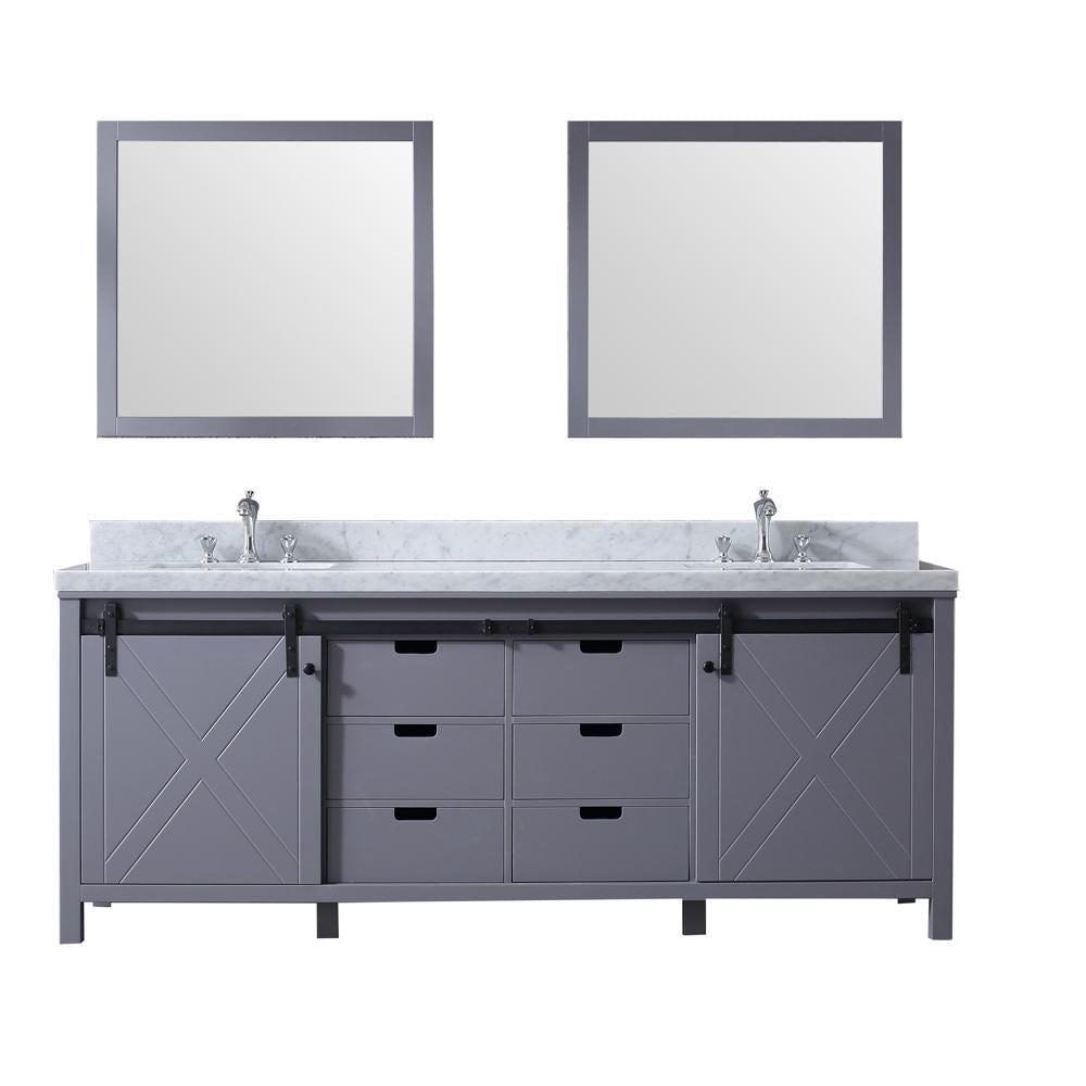 84" Dark Grey Double Vanity, White Carrara Marble Top, Square Sinks, 34" Mirrors