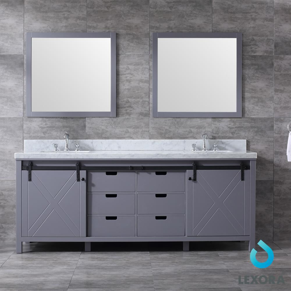 84" Dark Grey Double Vanity, White Carrara Marble Top, Square Sinks, 34" Mirrors