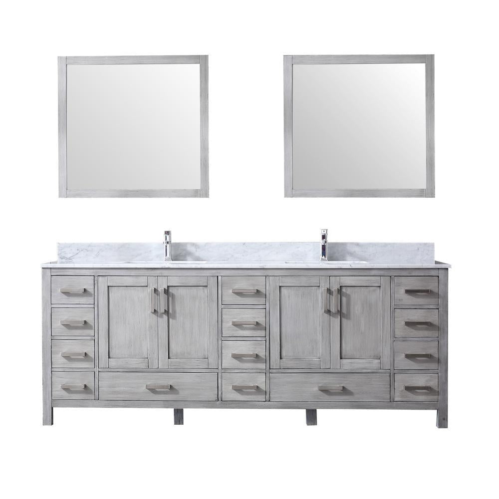 84" Grey Double Vanity, White Carrara Marble Top, Square Sinks, 34" Mirrors