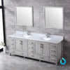 84&quot; Grey Double Vanity, White Carrara Marble Top, Square Sinks, 34&quot; Mirrors