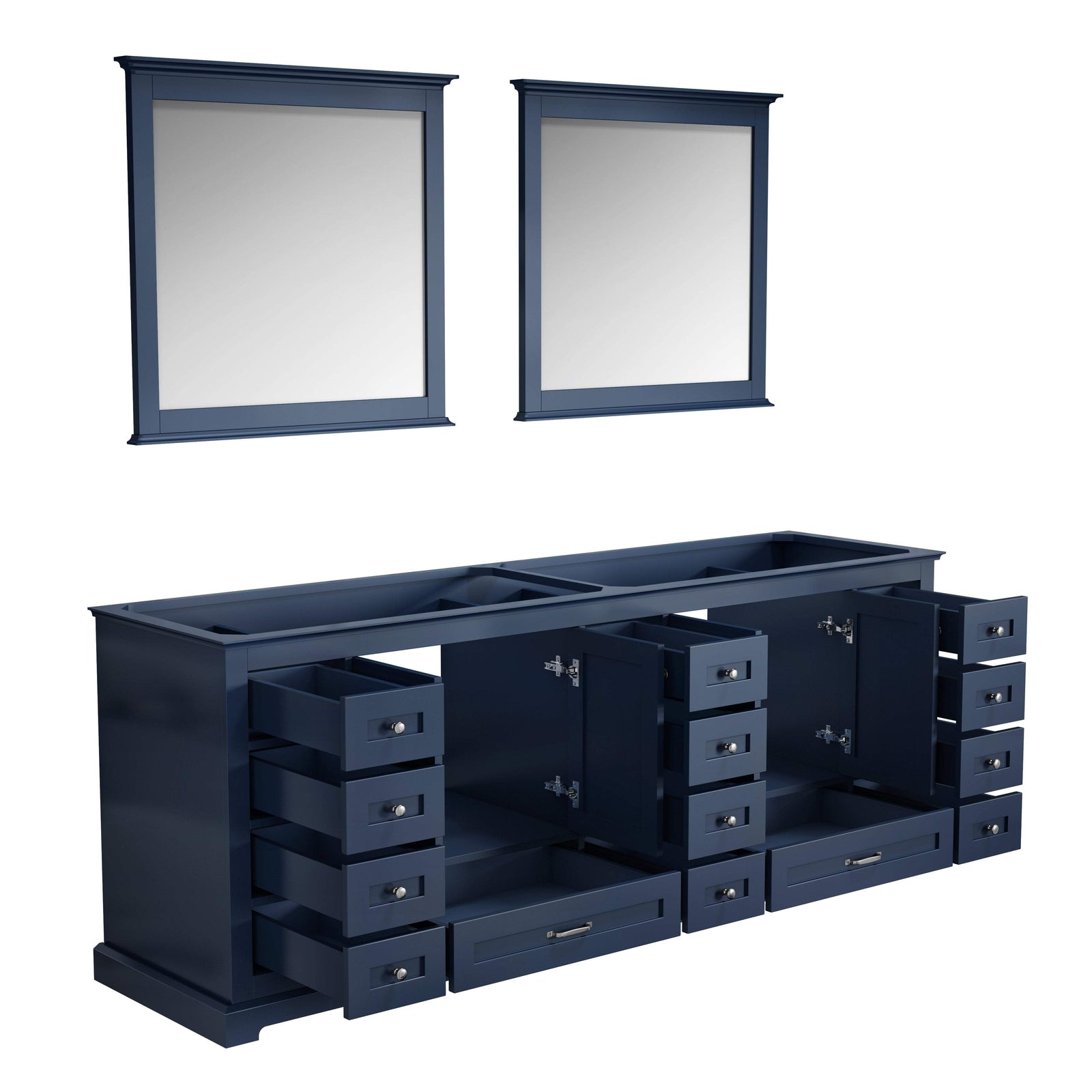 84" Navy Blue Double Vanity, no Top and 34" Mirrors