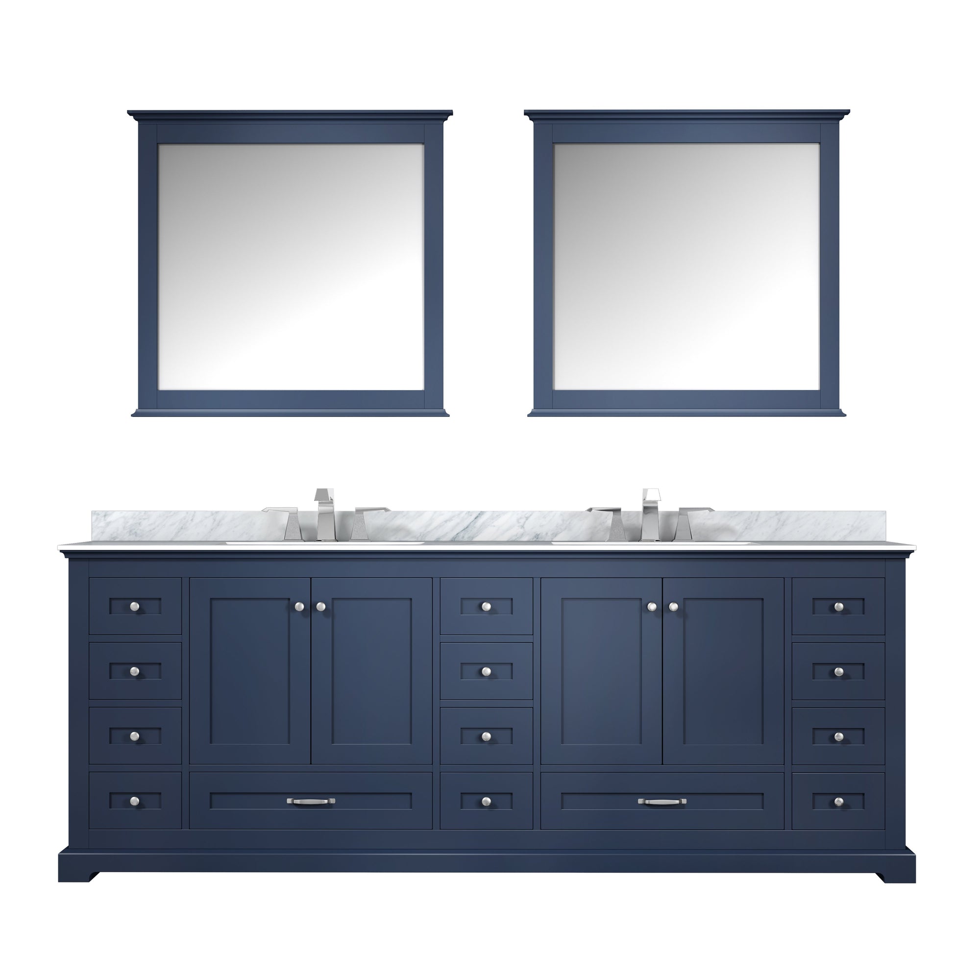 84" Navy Blue Double Vanity, White Carrara Marble Top, White Square Sinks and 34" Mirrors