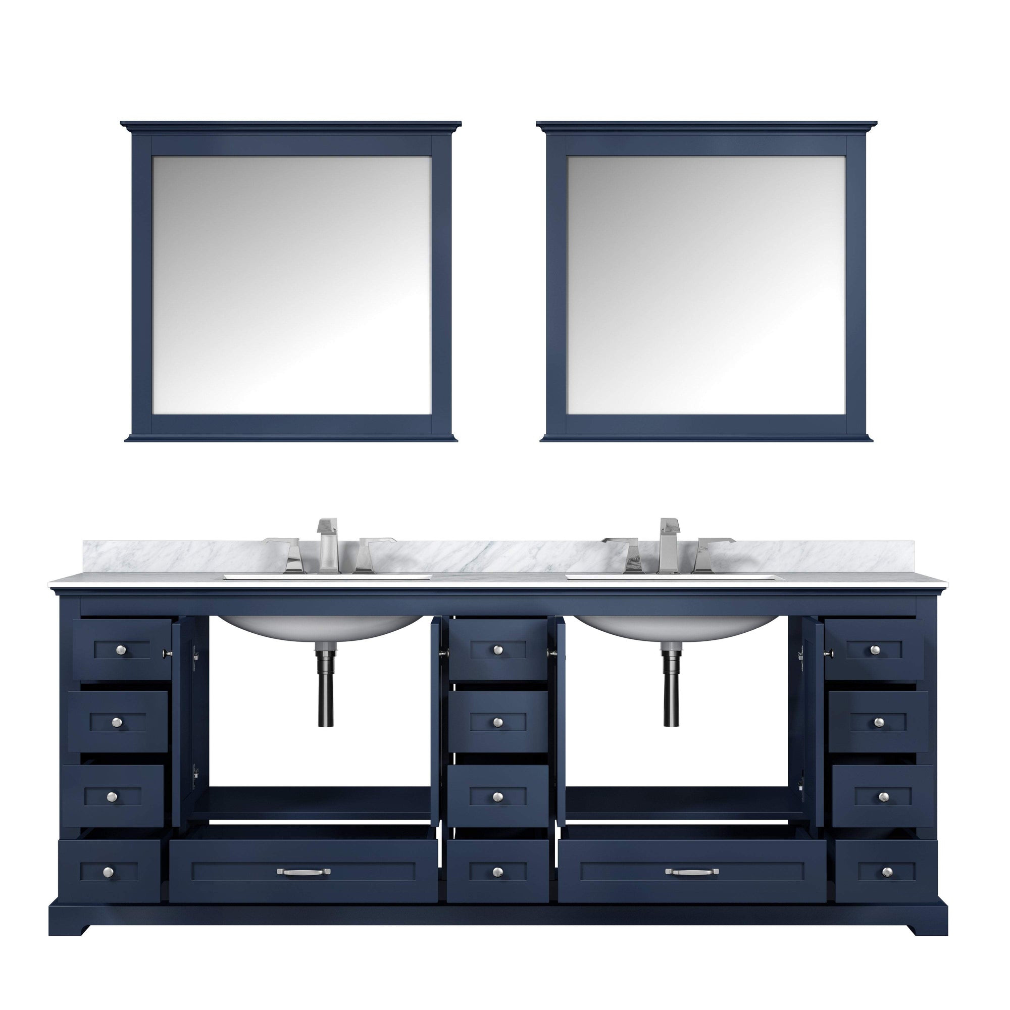 84" Navy Blue Double Vanity, White Carrara Marble Top, White Square Sinks and 34" Mirrors