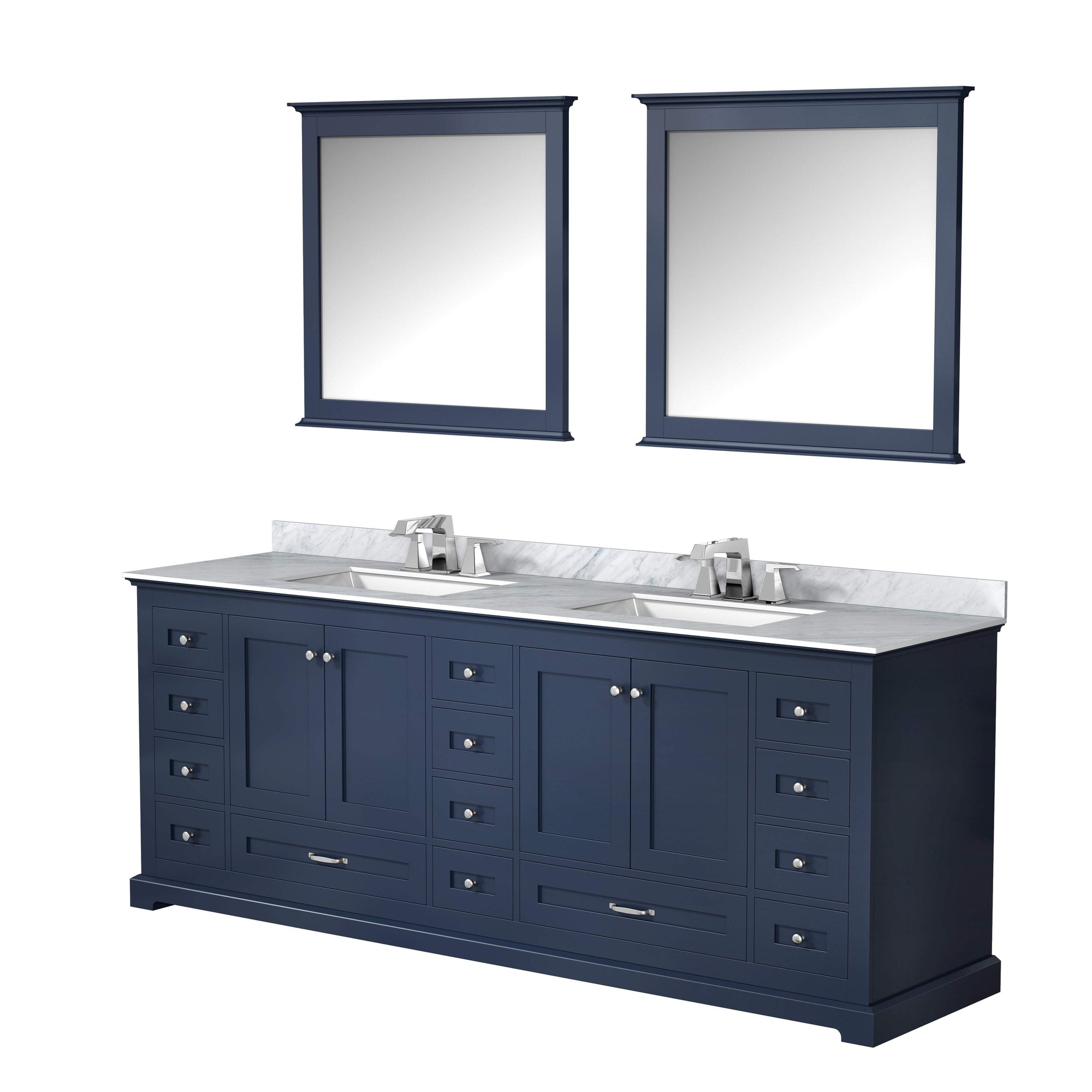 84&quot; Navy Blue Double Vanity, White Carrara Marble Top, White Square Sinks and 34&quot; Mirrors