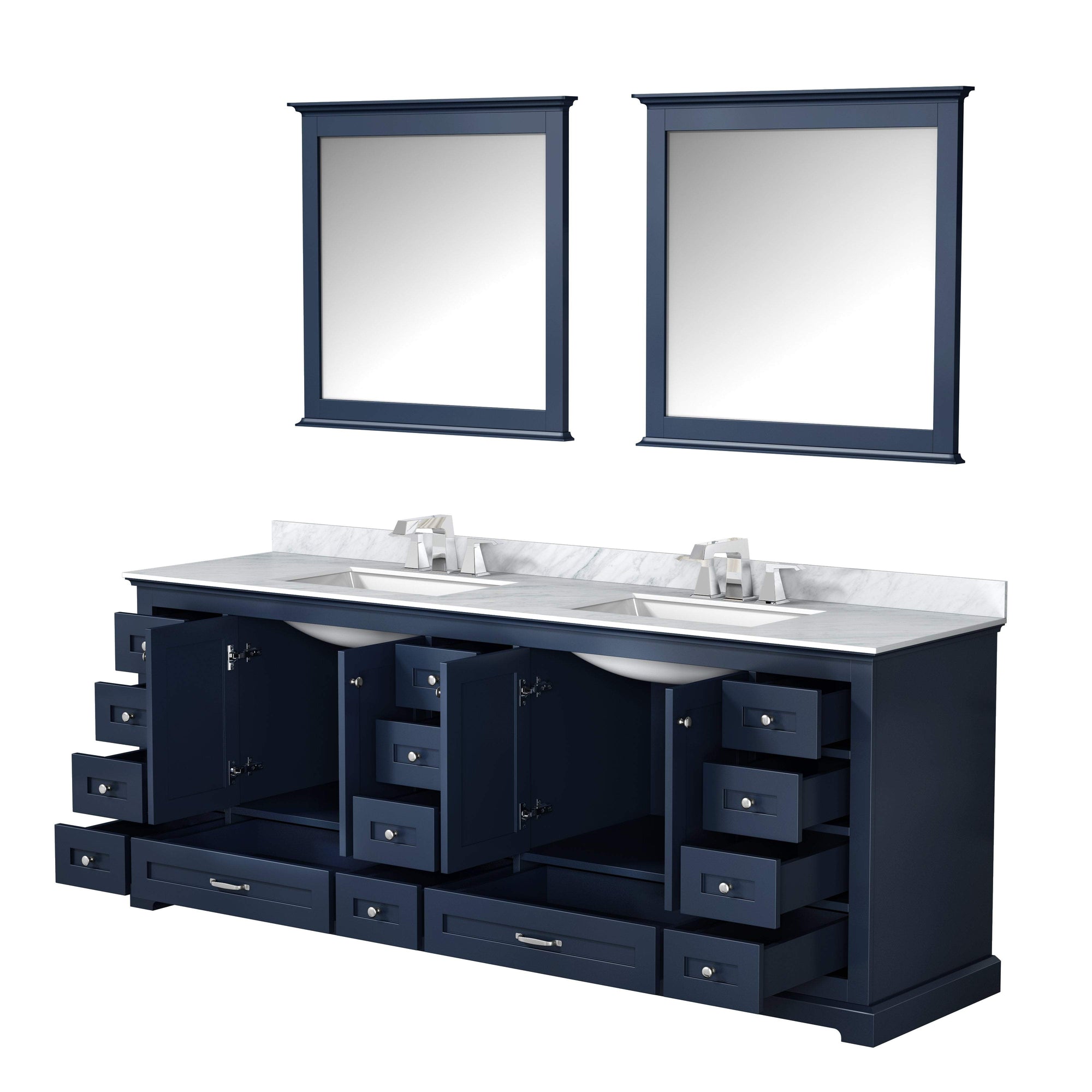 84&quot; Navy Blue Double Vanity, White Carrara Marble Top, White Square Sinks and 34&quot; Mirrors