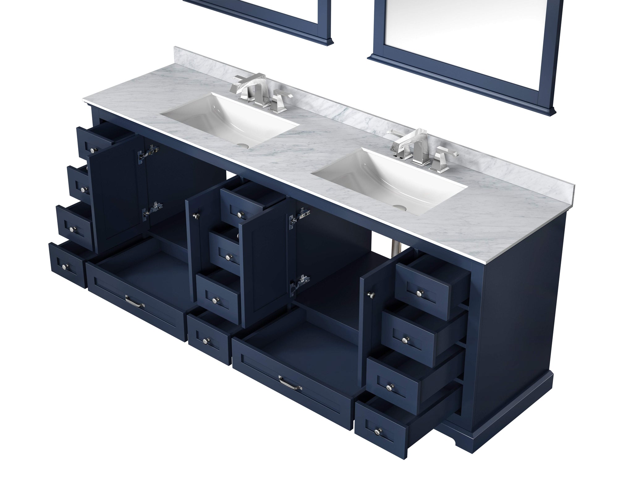 84&quot; Navy Blue Double Vanity, White Carrara Marble Top, White Square Sinks and 34&quot; Mirrors