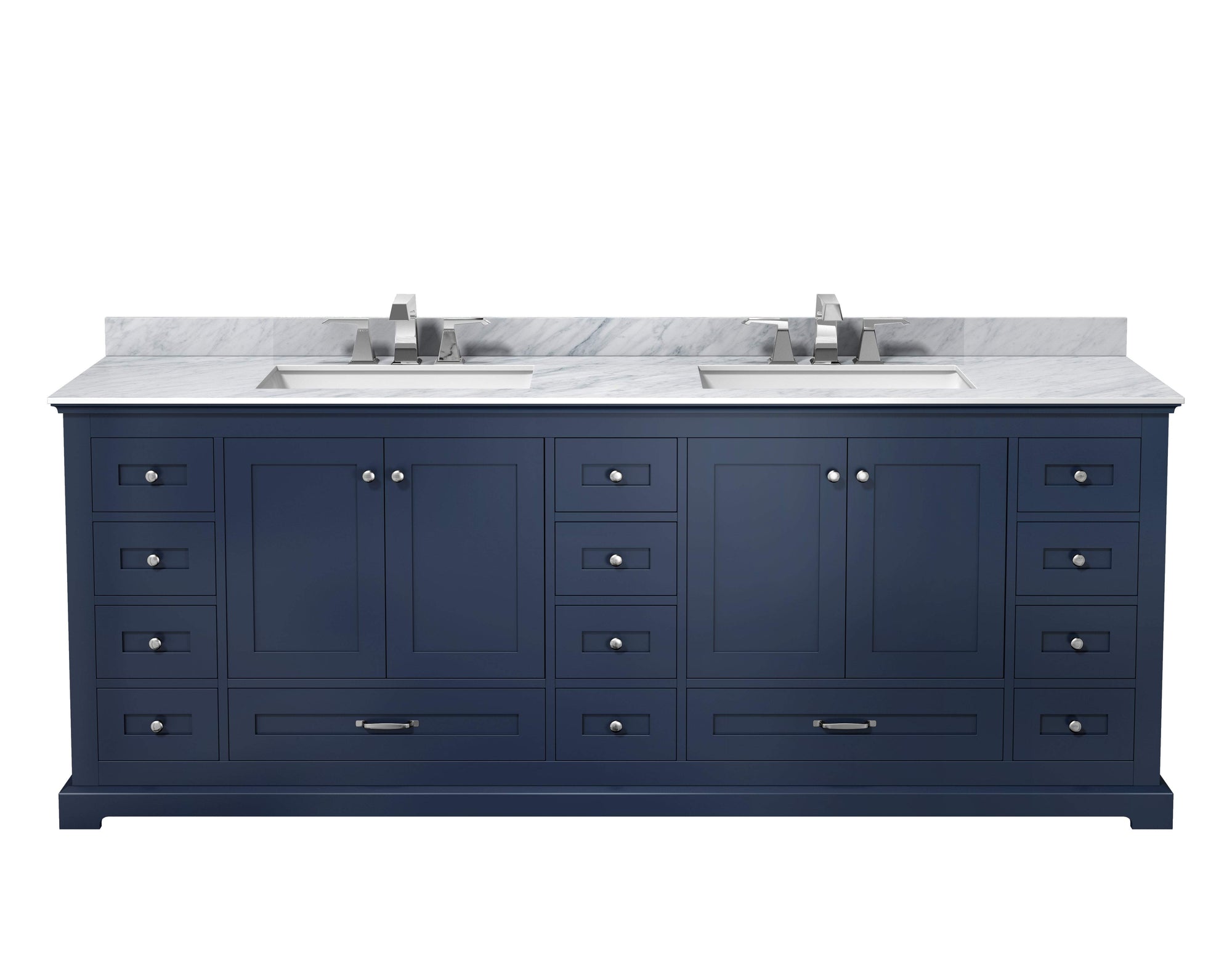 84" Navy Blue Double Vanity, White Carrara Marble Top, White Square Sinks and no Mirror