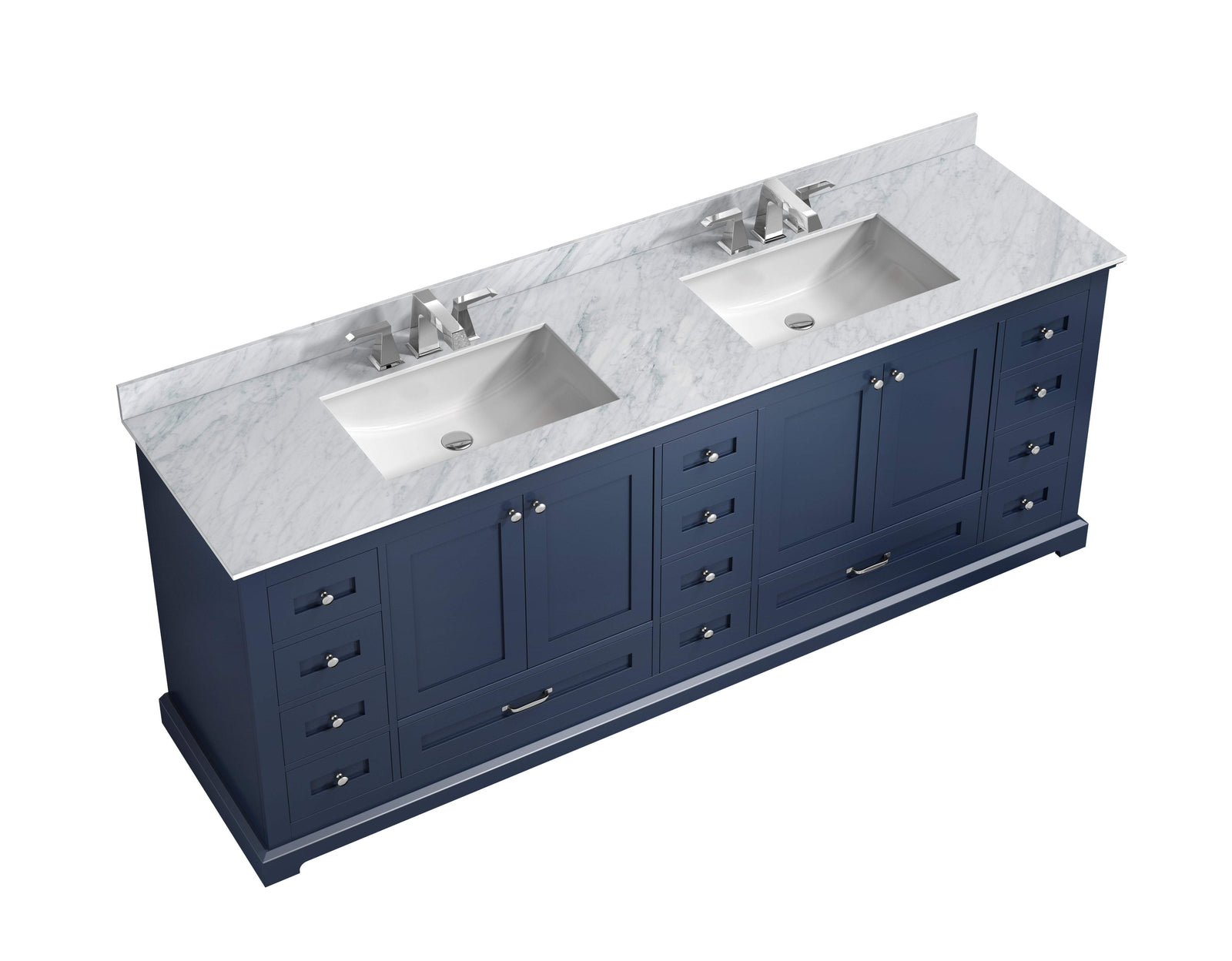 84" Navy Blue Double Vanity, White Carrara Marble Top, White Square Sinks and no Mirror