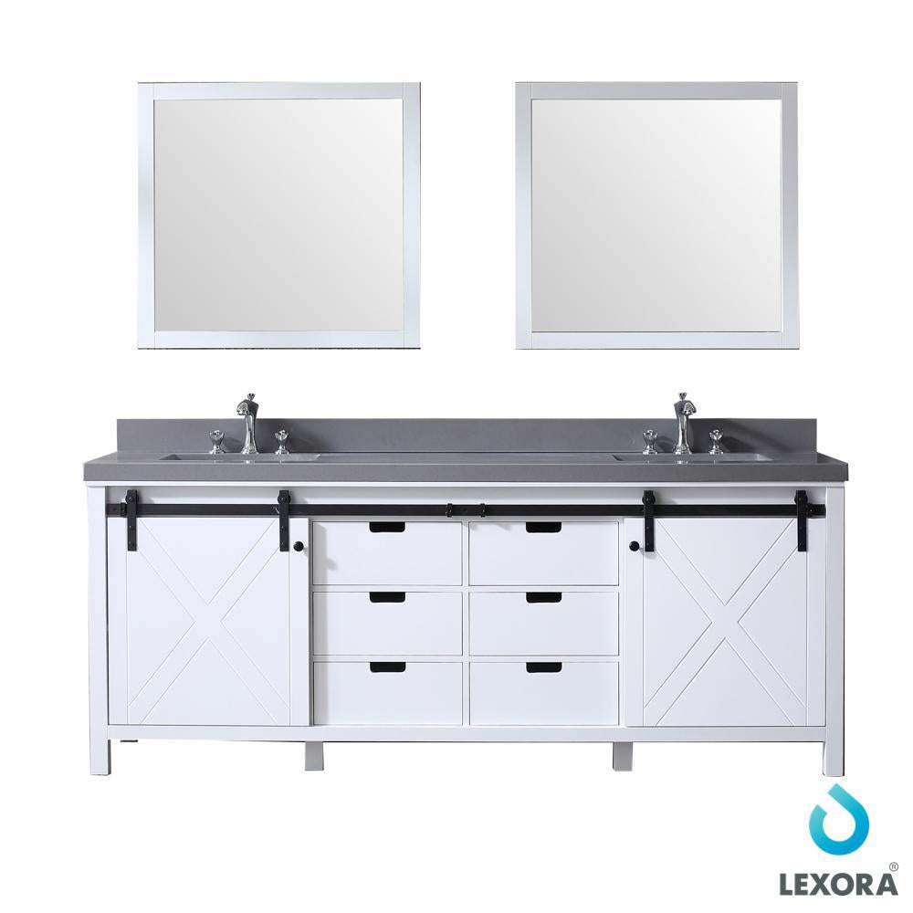 84" White Double Vanity, Grey Quartz Top, Square Sinks, 34" Mirrors