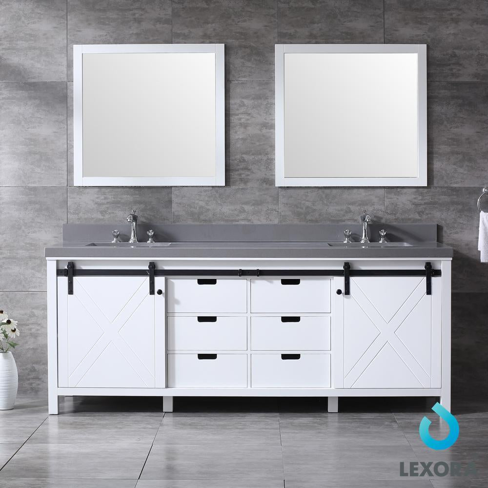 84" White Double Vanity, Grey Quartz Top, Square Sinks, 34" Mirrors