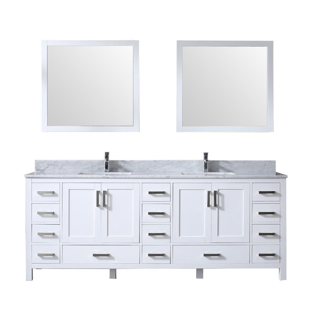84" White Double Vanity, White Carrara Marble Top, Square Sinks, 34" Mirrors