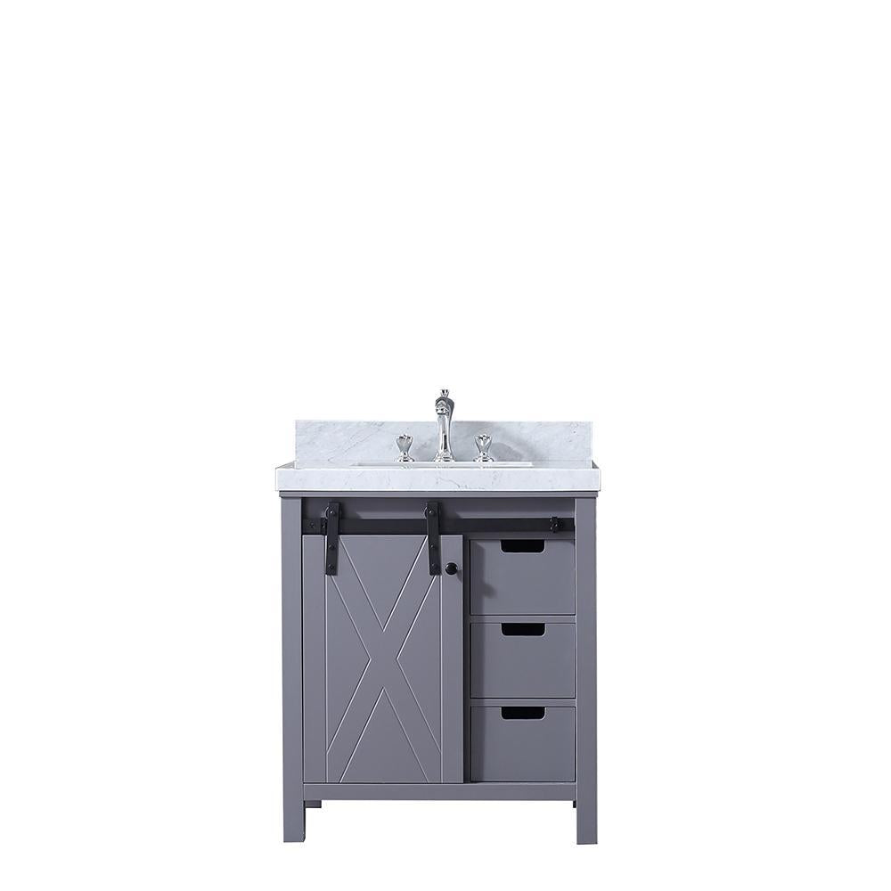 30" Dark Grey Single Vanity, White Carrara Marble Top, Square Sink, no Mirror