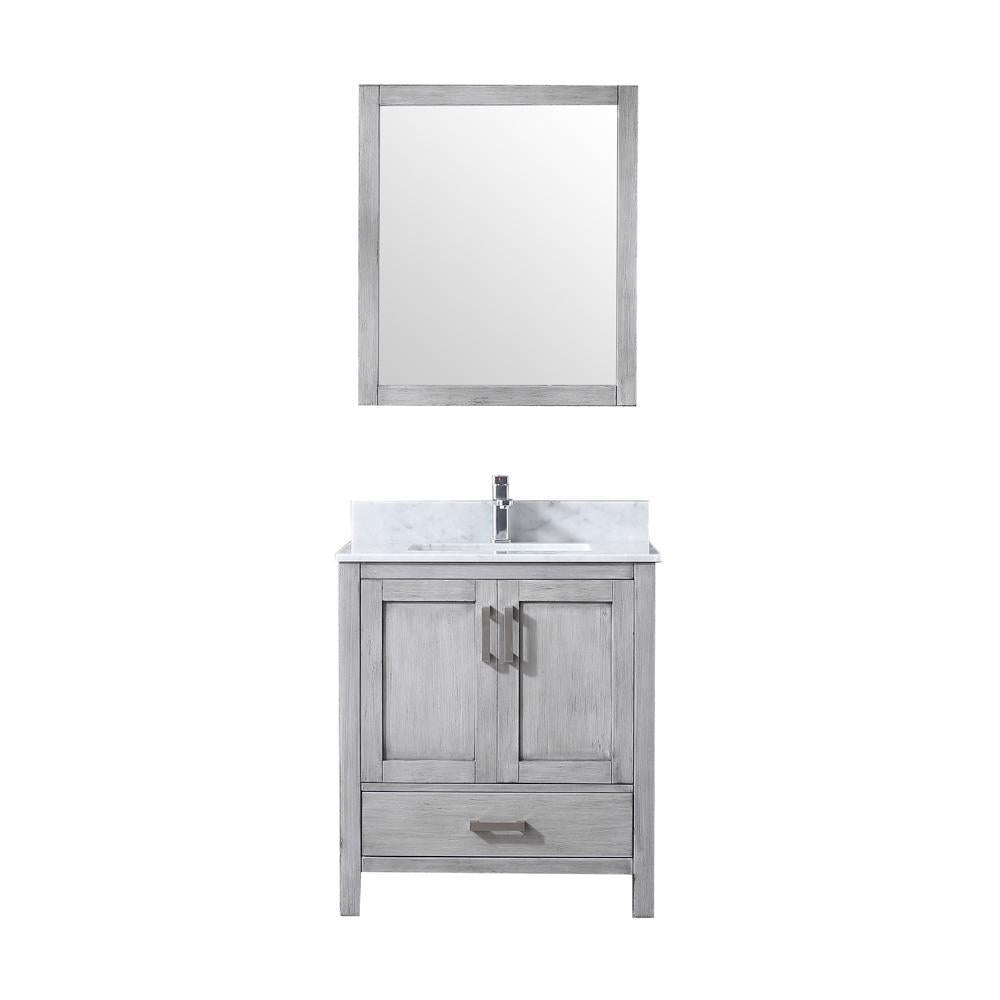 30" Grey Single Vanity, White Carrara Marble Top, Square Sink, 28" Mirror