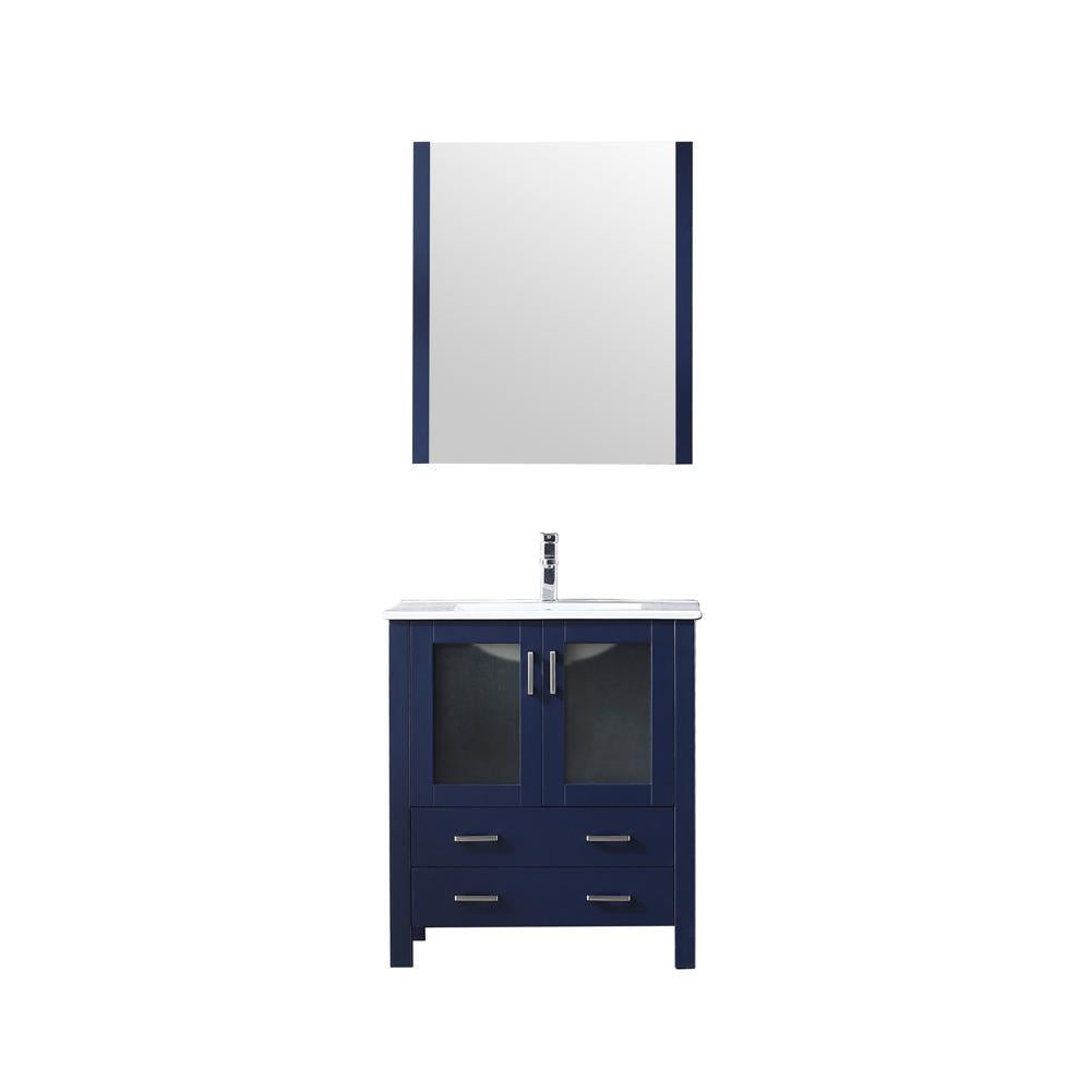 30" Navy Blue Single Vanity, Integrated Top, Integrated Square Sink, 28" Mirror
