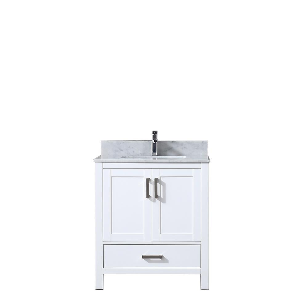 30" White Single Vanity, White Carrara Marble Top, Square Sink, no Mirror