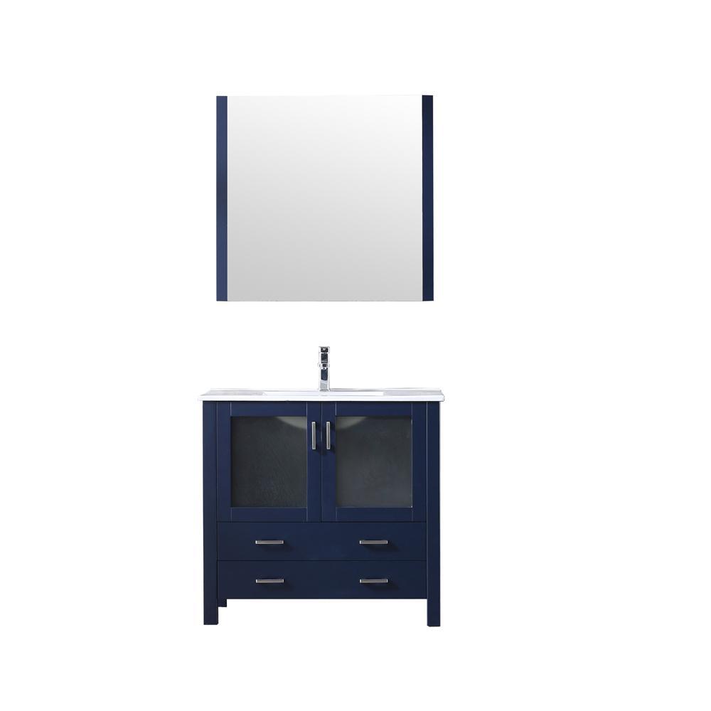 36" Navy Blue Single Vanity, Integrated Top, Integrated Square Sink, 34" Mirror