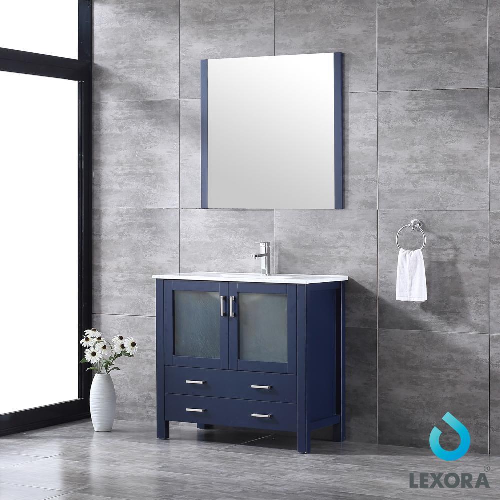 36" Navy Blue Single Vanity, Integrated Top, Integrated Square Sink, 34" Mirror