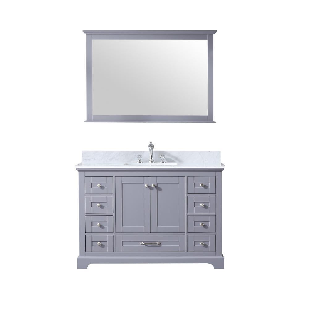 48" Dark Grey Single Vanity, White Carrara Marble Top, Square Sink, 46" Mirror