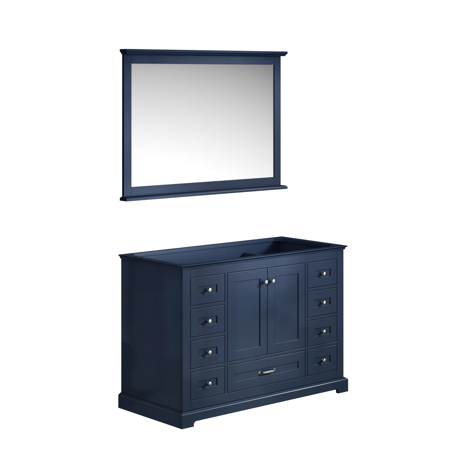 48" Navy Blue Single Vanity, no Top and 46" Mirror