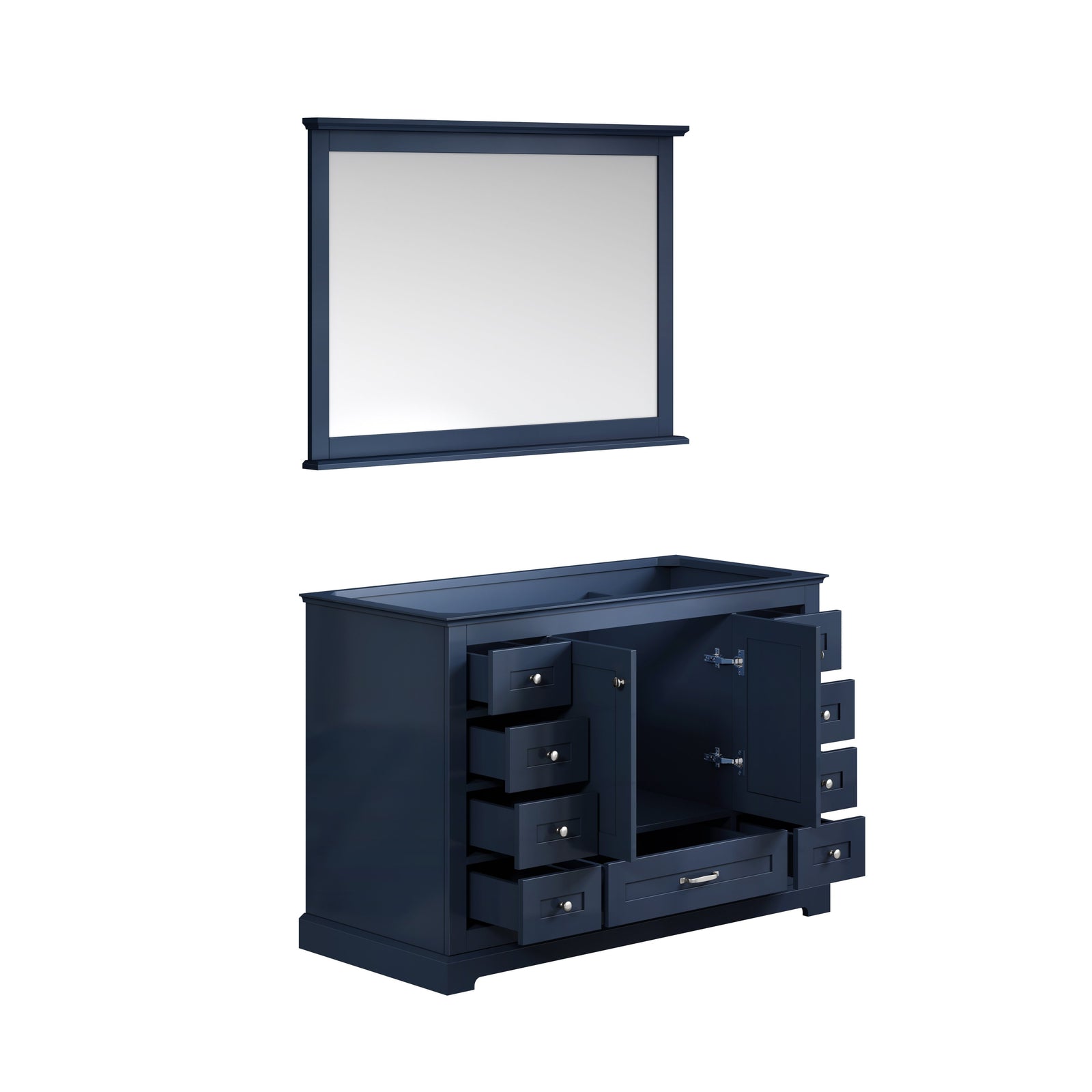 48" Navy Blue Single Vanity, no Top and 46" Mirror