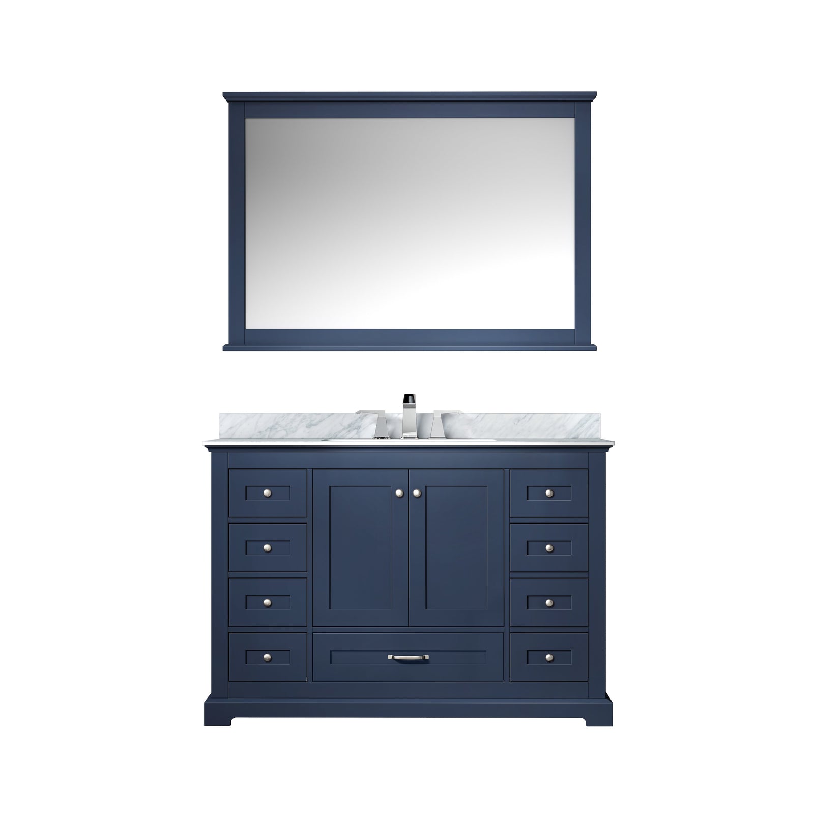 48" Navy Blue Single Vanity, White Carrara Marble Top, White Square Sink and 46" Mirror