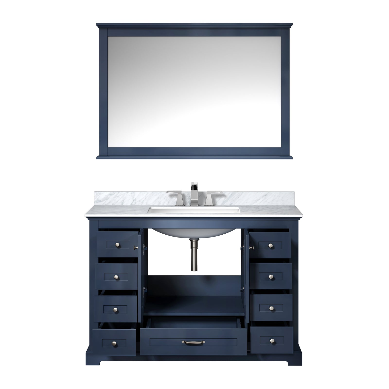 48" Navy Blue Single Vanity, White Carrara Marble Top, White Square Sink and 46" Mirror w/ Faucet