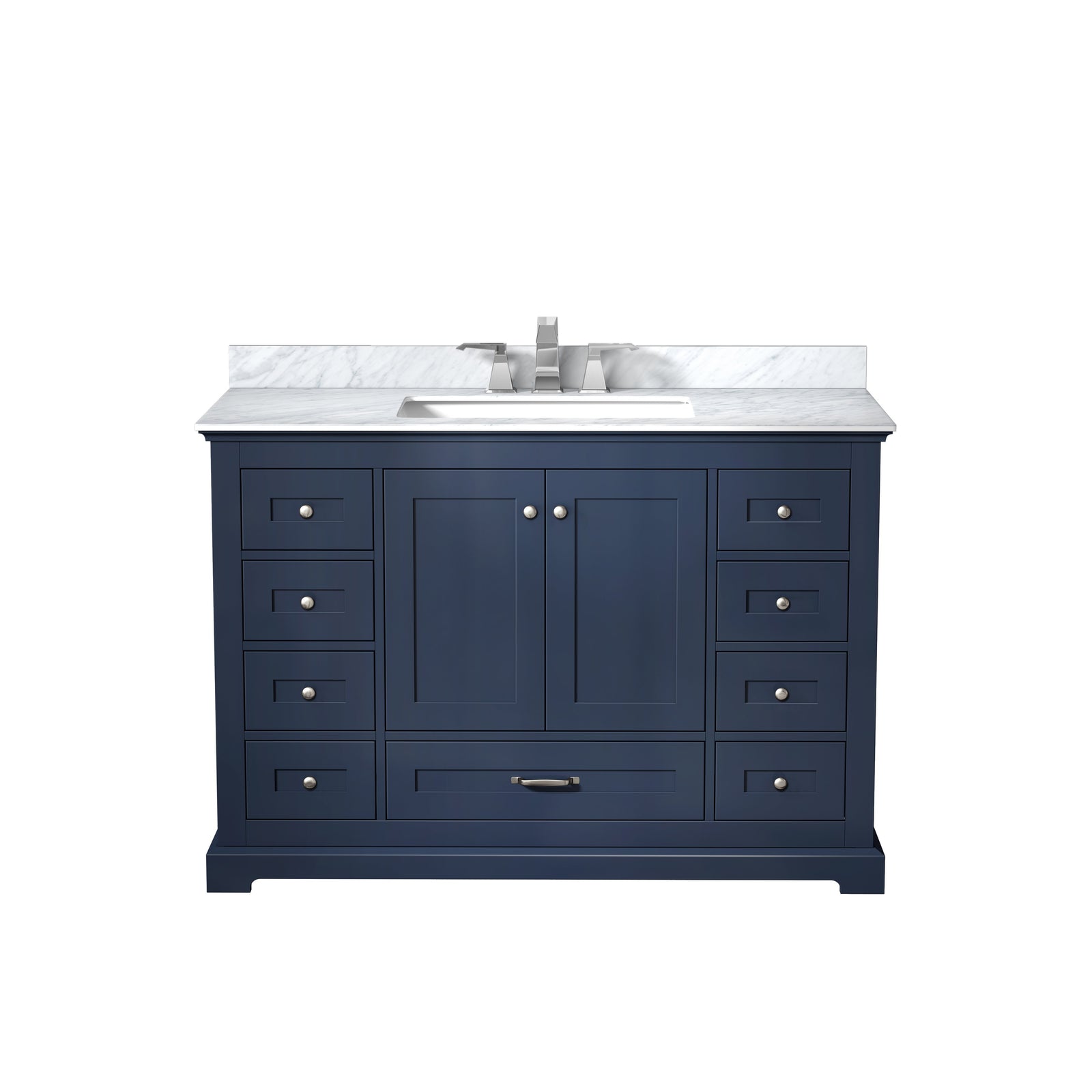 48" Navy Blue Single Vanity, White Carrara Marble Top, White Square Sink and no Mirror