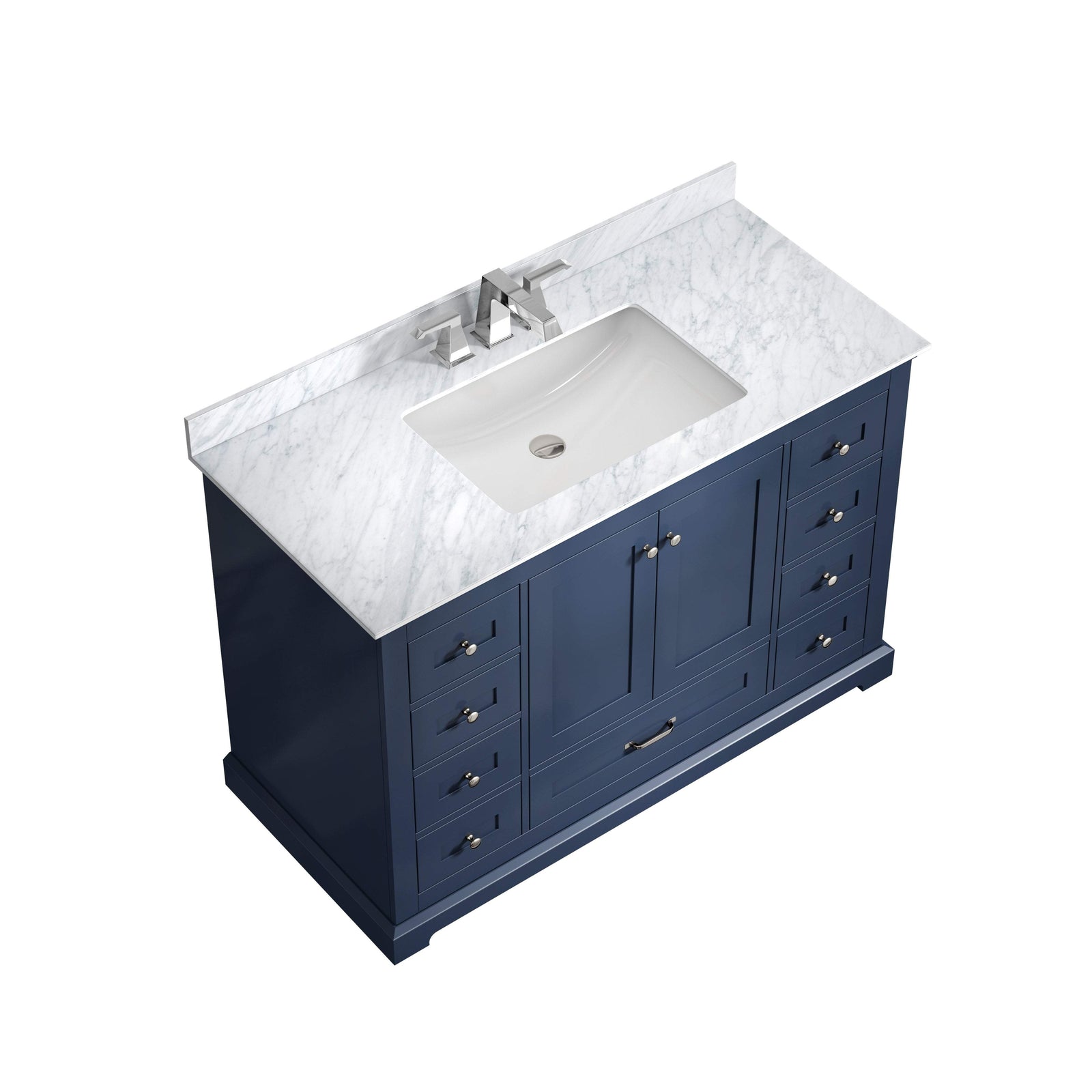 48" Navy Blue Single Vanity, White Carrara Marble Top, White Square Sink and no Mirror