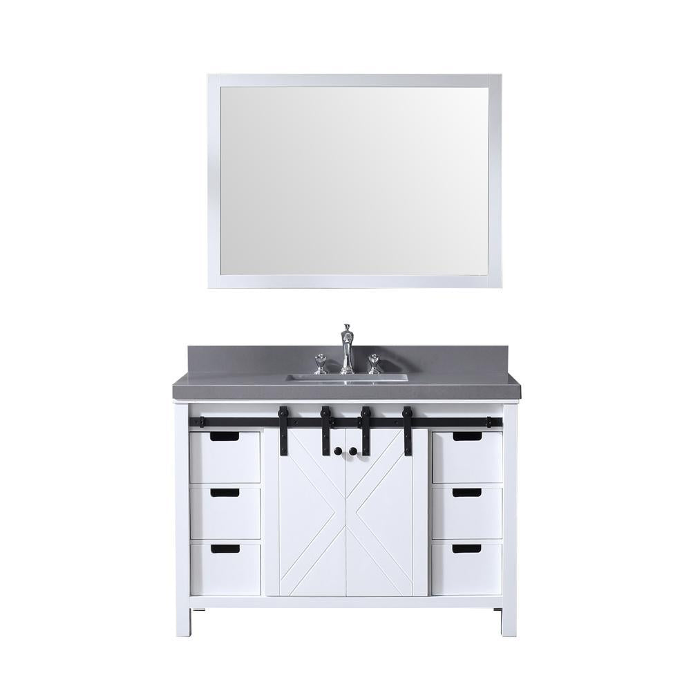48" White Single Vanity, Grey Quartz Top, Square Sink, 44" Mirror