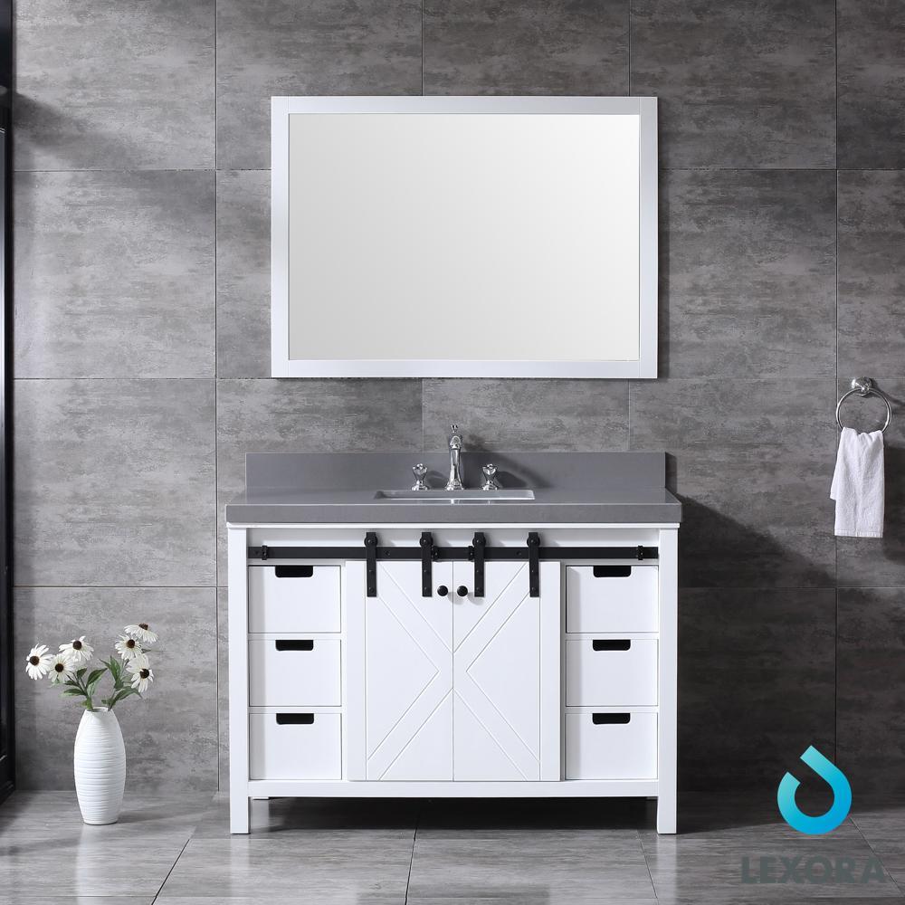 48" White Single Vanity, Grey Quartz Top, Square Sink, 44" Mirror
