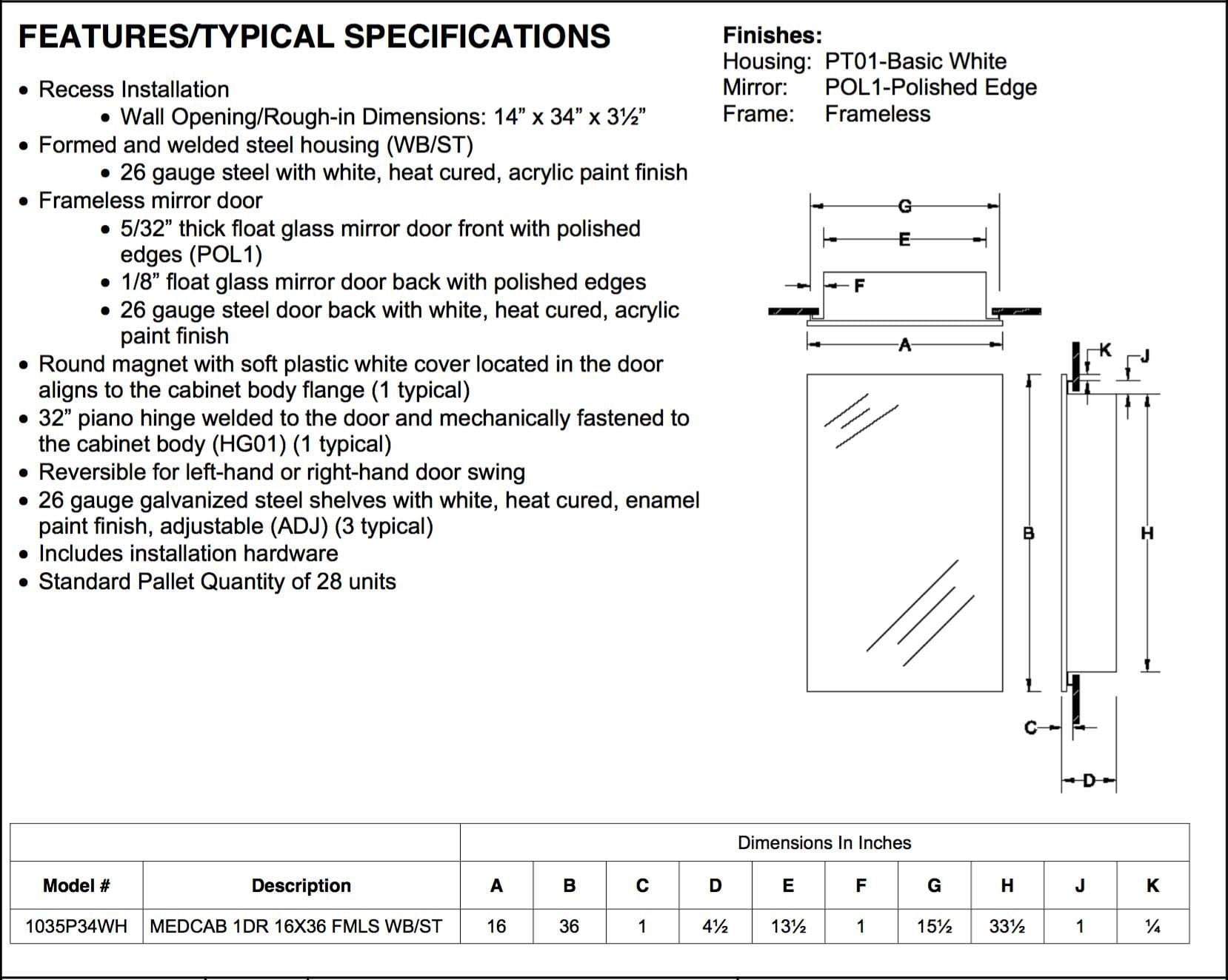 Cove 16" x 36" Recess Mount Steel Shelves Medicine Cabinet