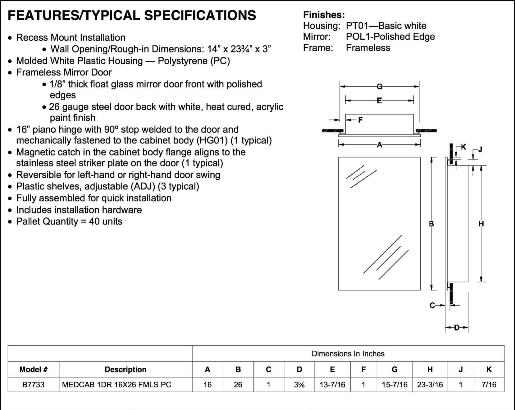 Focus 16" x 26" Recess Mount Medicine Cabinet
