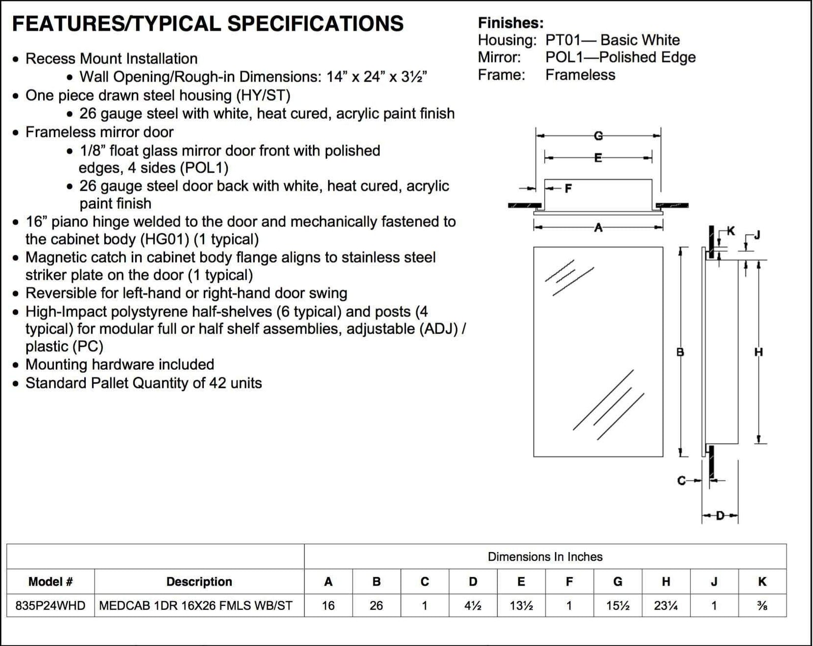 focus 16 x 26 recess mount medicine cabinet with 6 adjustable half shelves_835p24whd
