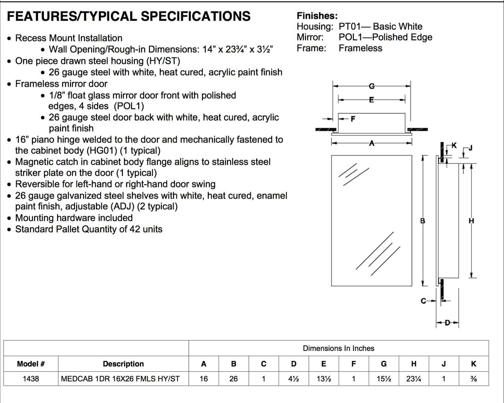 Focus 16&quot; x 26&quot; Recess Mount Steel Housing Medicine Cabinet