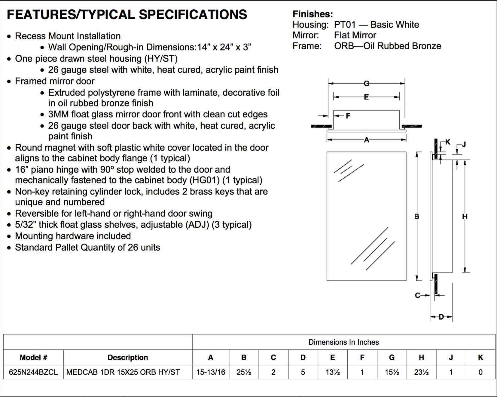 Hampton Lock 15 3/4&quot; x 25 1/2&quot; Recess Mount Oil Rubbed Bronze Medicine Cabinet