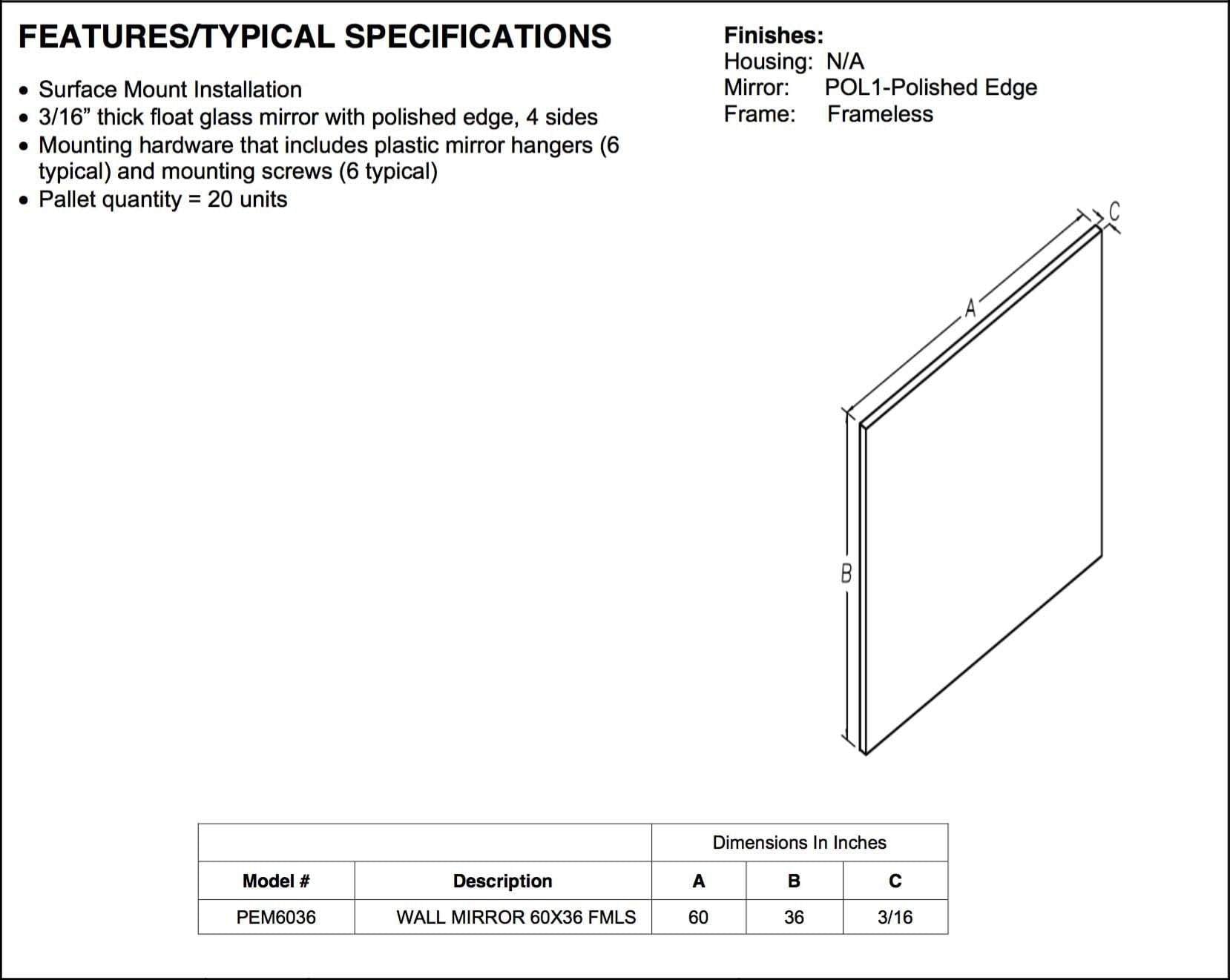 PEM Series 60&quot; x 36&quot; Surface Mount Mirror