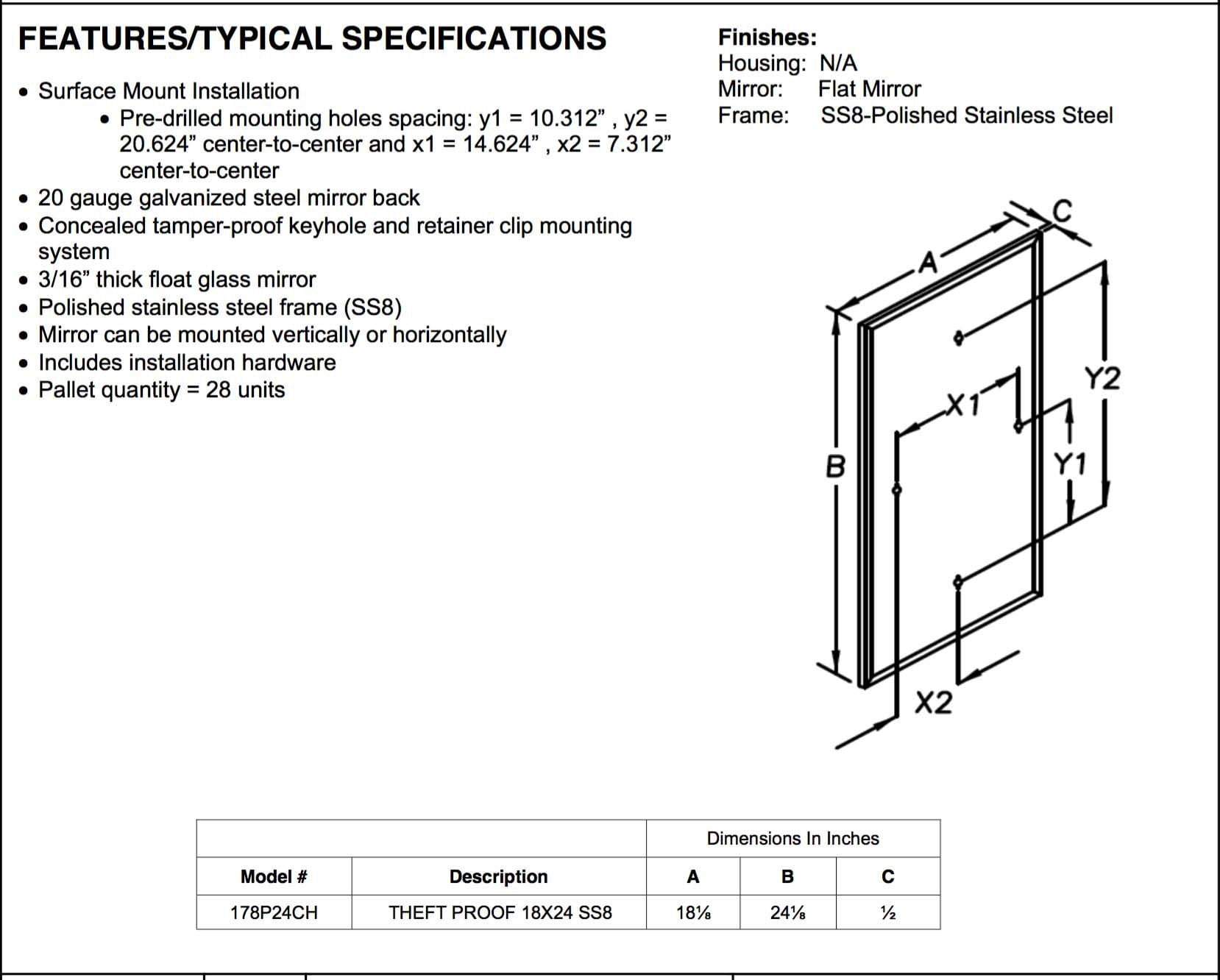 Theft Proof 18&quot; x 24&quot; Surface Mount Mirror