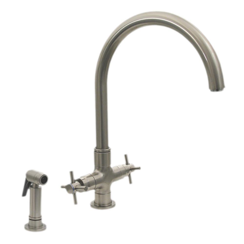 luxe dual handle faucet with gooseneck swivel spout cross style handles and solid brass side spray