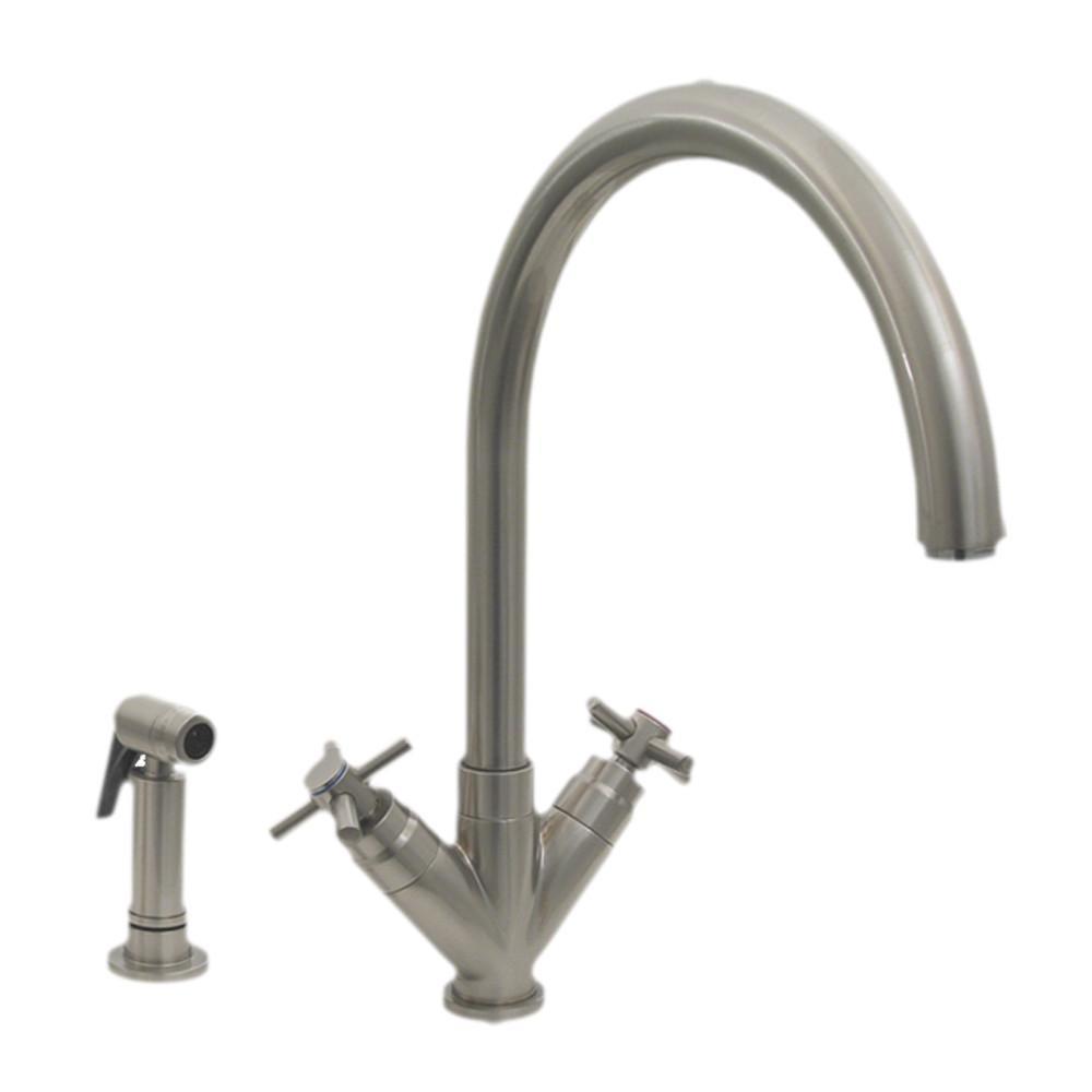 luxe dual handle faucet with gooseneck swivel spout v cross style handles and solid brass side spray