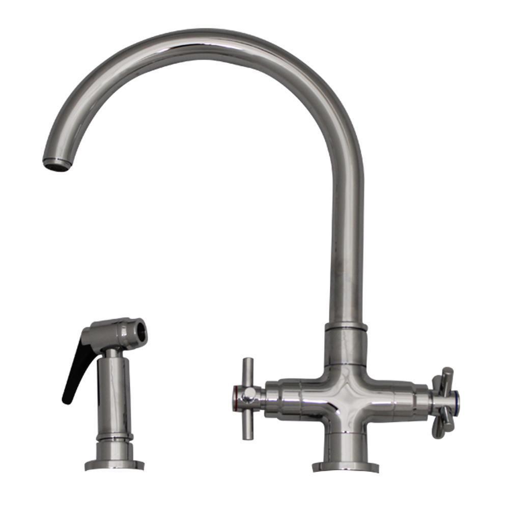 luxe dual handle faucet with gooseneck swivel spout cross style handles and solid brass side spray