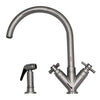 luxe dual handle faucet with gooseneck swivel spout v cross style handles and solid brass side spray