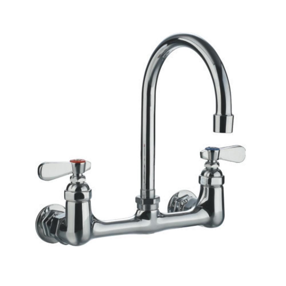 heavy duty wall mount utility faucet with an extended swivel spout and lever handles