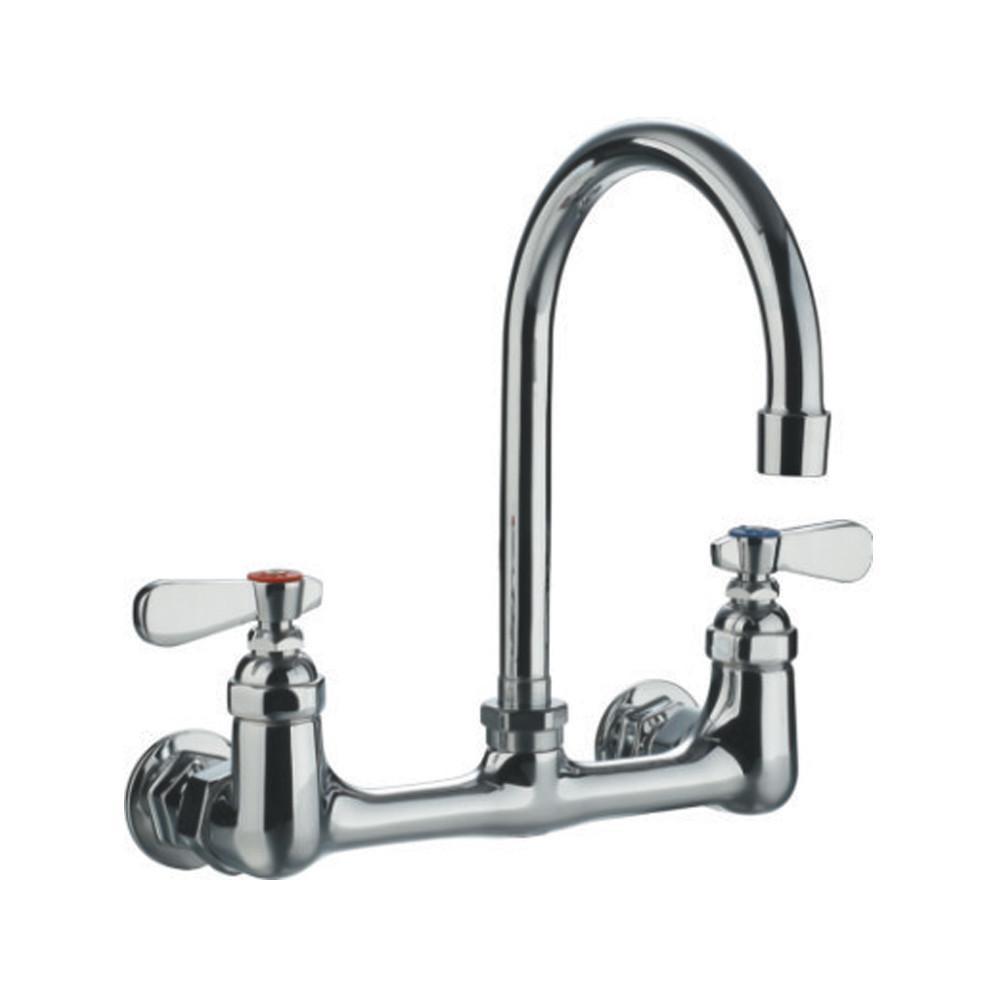 heavy duty wall mount utility faucet with an extended swivel spout and lever handles